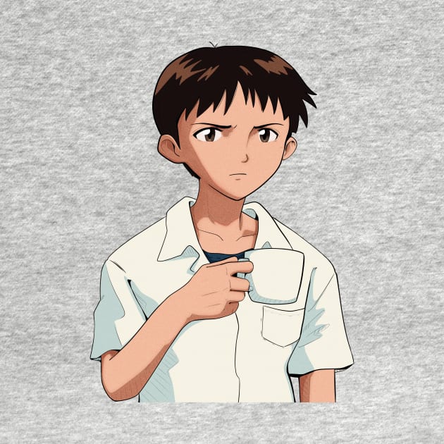 Shinji Holding a Mug HD  90s grain Texture Restored image Neon Genesis Evangelion by Scribble-LeviJo